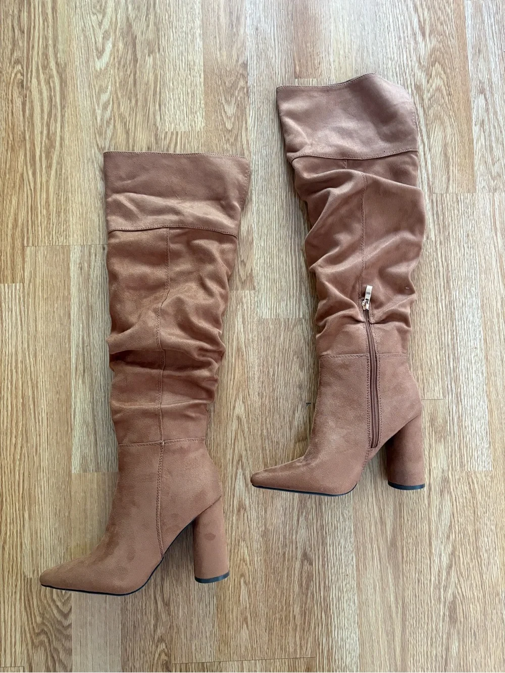 Camel Slouchy Over The Knee Boots Size 7 | Suede Block Heel Tall Boots